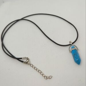 Turquoise Healing Crystal Point Necklace Silver tone Leather Necklace 22" Cord